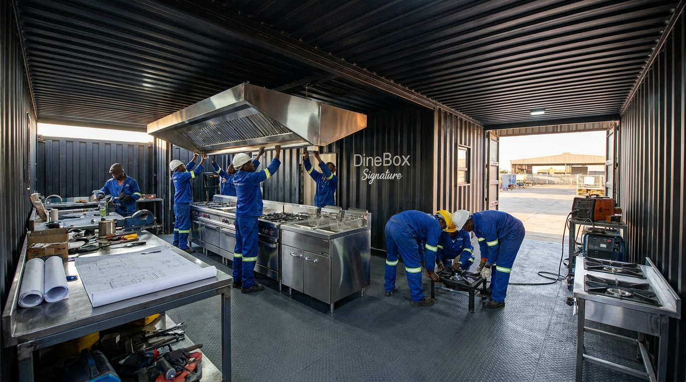DineBoX commercial kitchen install · stainless range hood extraction