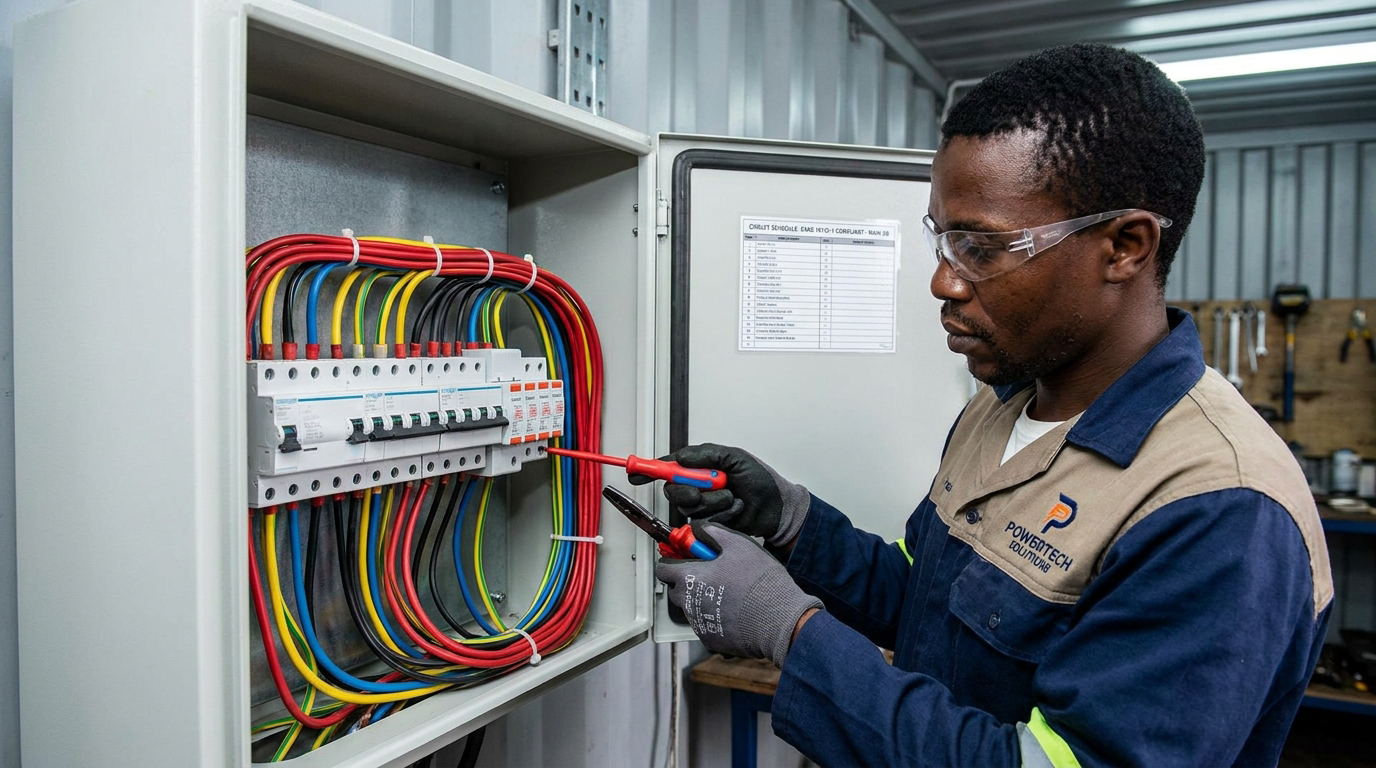 Electrical install · technician wiring the panel to SANS 10142-1 spec