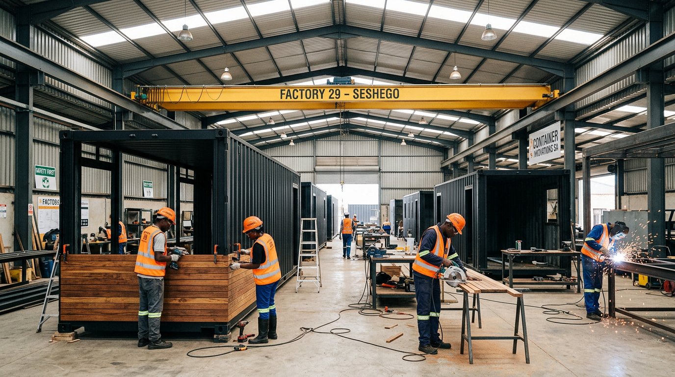 General fabrication floor · Factory 29 · overhead crane, multi-container build