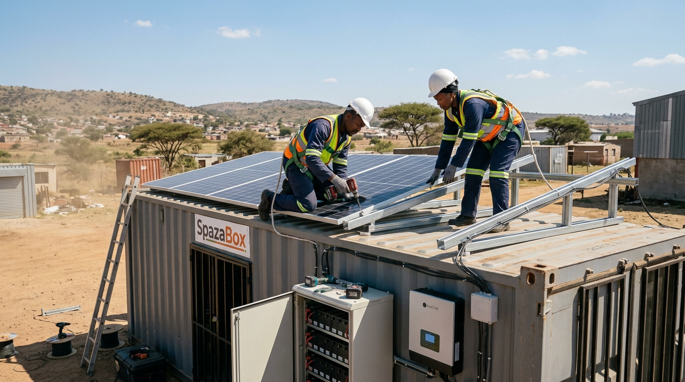 Solar PV install · rooftop array on a green SpazaBoX chassis